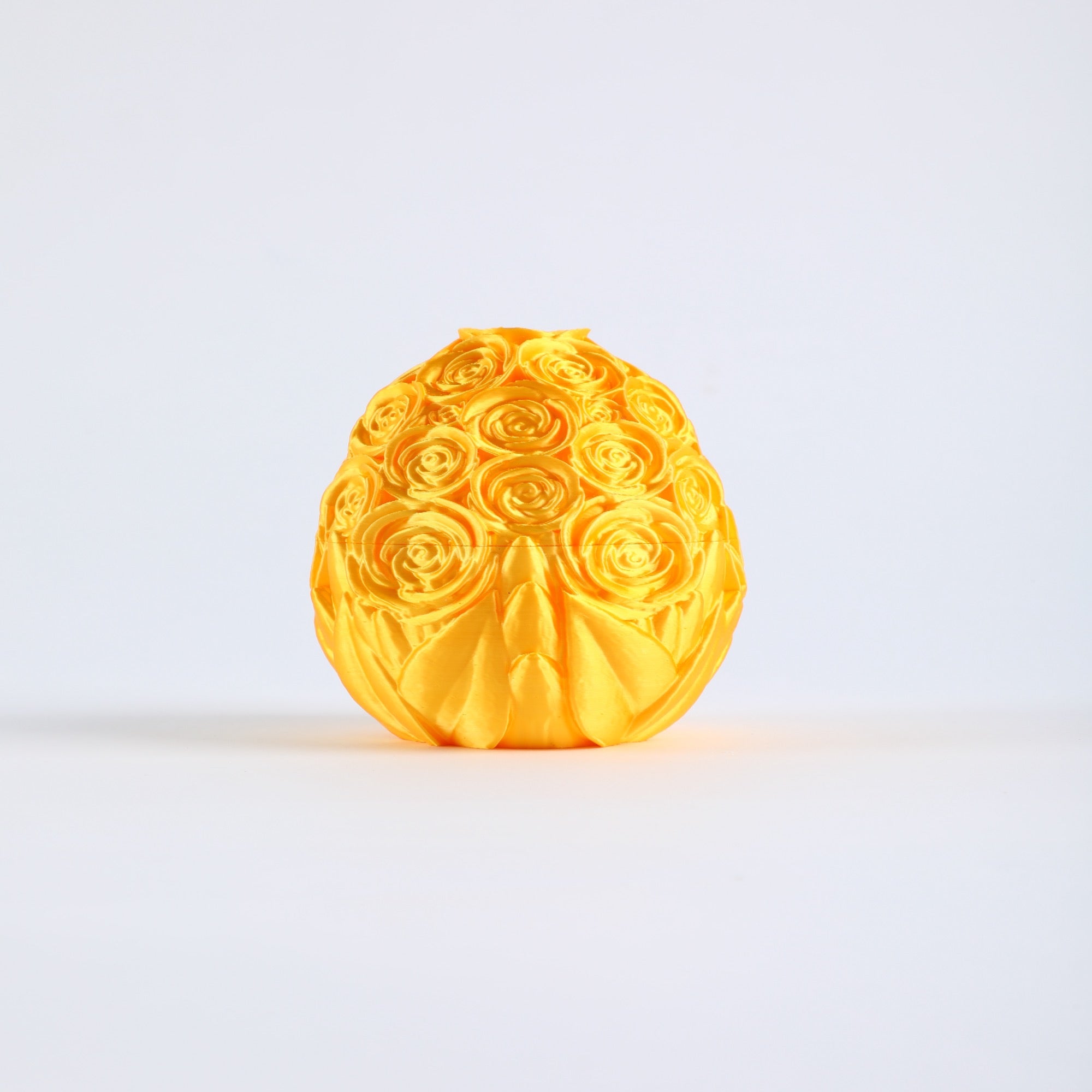 Handcrafted Rose Carved Egg Decor – Yellow 3D Printed Desktop Sculpture with Floral Relief, Collectible Gift Idea